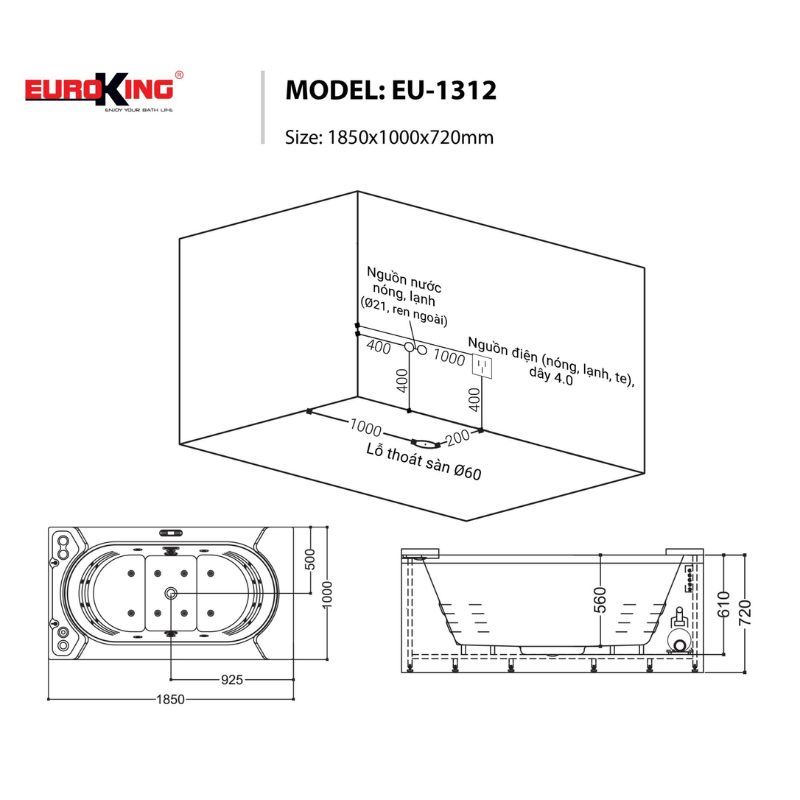 BỒN TẮM EUROKING EU-1312 2 SKIRTS